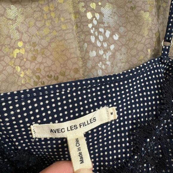 Avec Les Filles Navy Blue Black Polka Dot Lace Camisole Top Medium - Picture 4 of 6